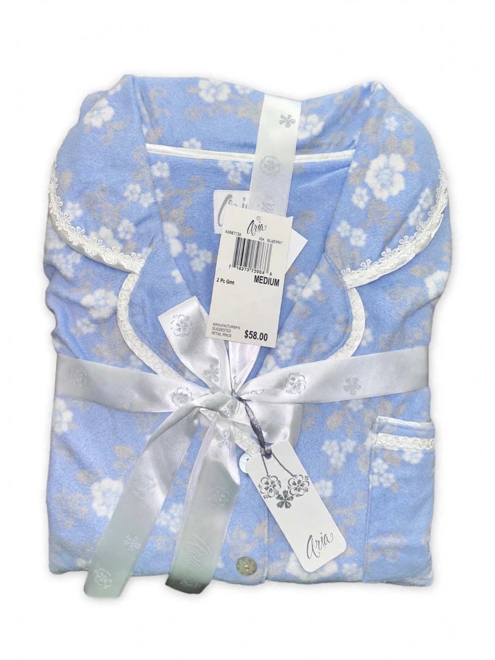 Aria Light Blue Floral Satin-Trim Robe with White Lace